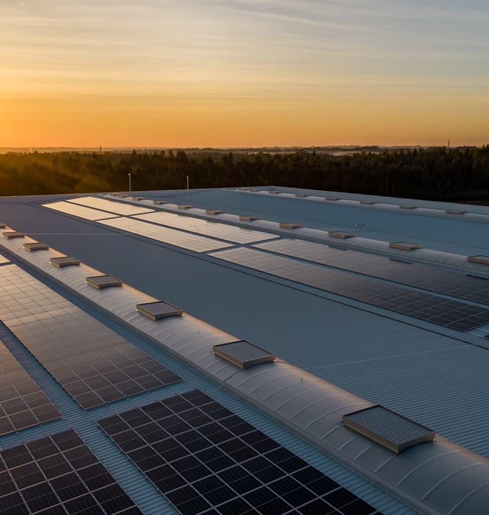 A large industrial roof, with several rows of solar panels sitting