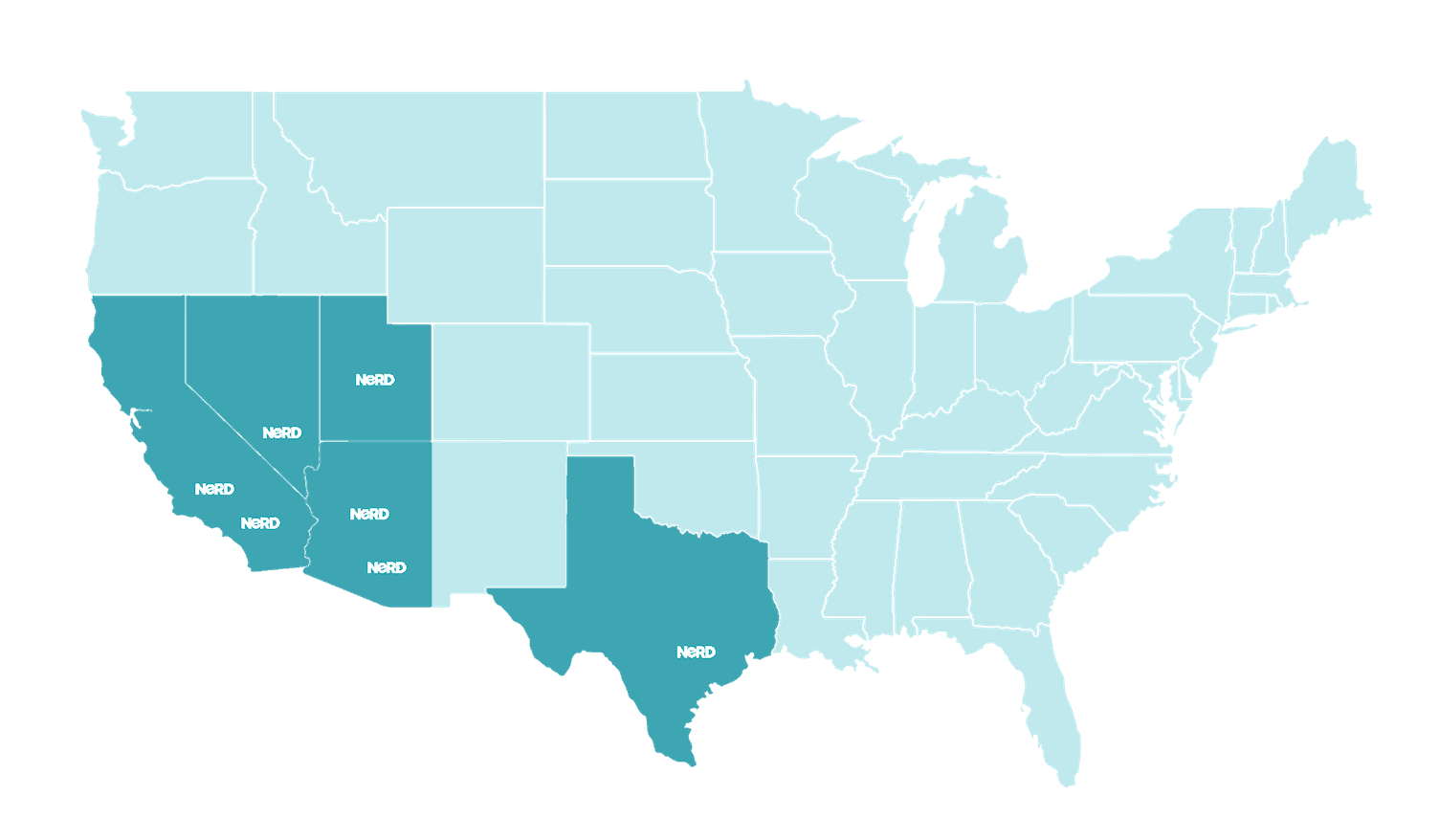 Map of the continental United States, with California, Nevada, Utah, Arizona, and Texas highlighed to show the states Nerd operates in