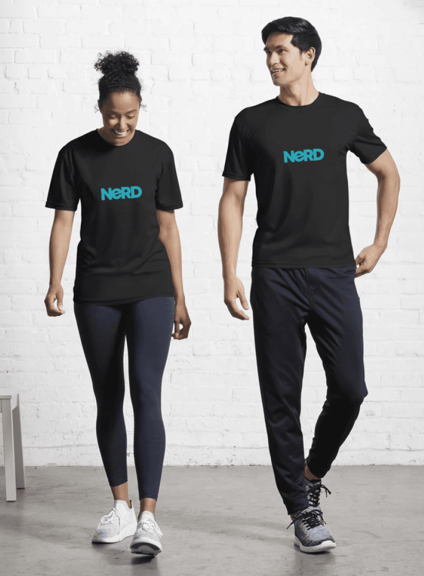 Two individuals in black shirts featuring the word 'Nerd' prominently displayed on the front.